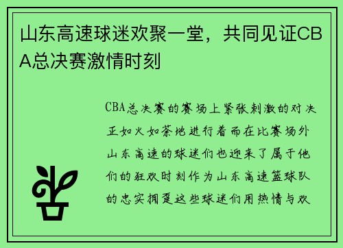 山东高速球迷欢聚一堂，共同见证CBA总决赛激情时刻